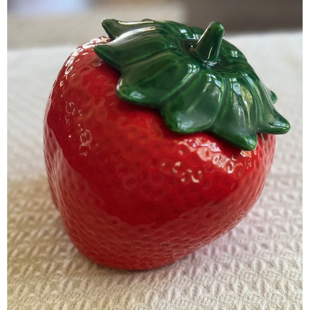 Vintage Ceramic Strawberry Lidded Jar Red Green Fruit Canister Cottagecore Decor